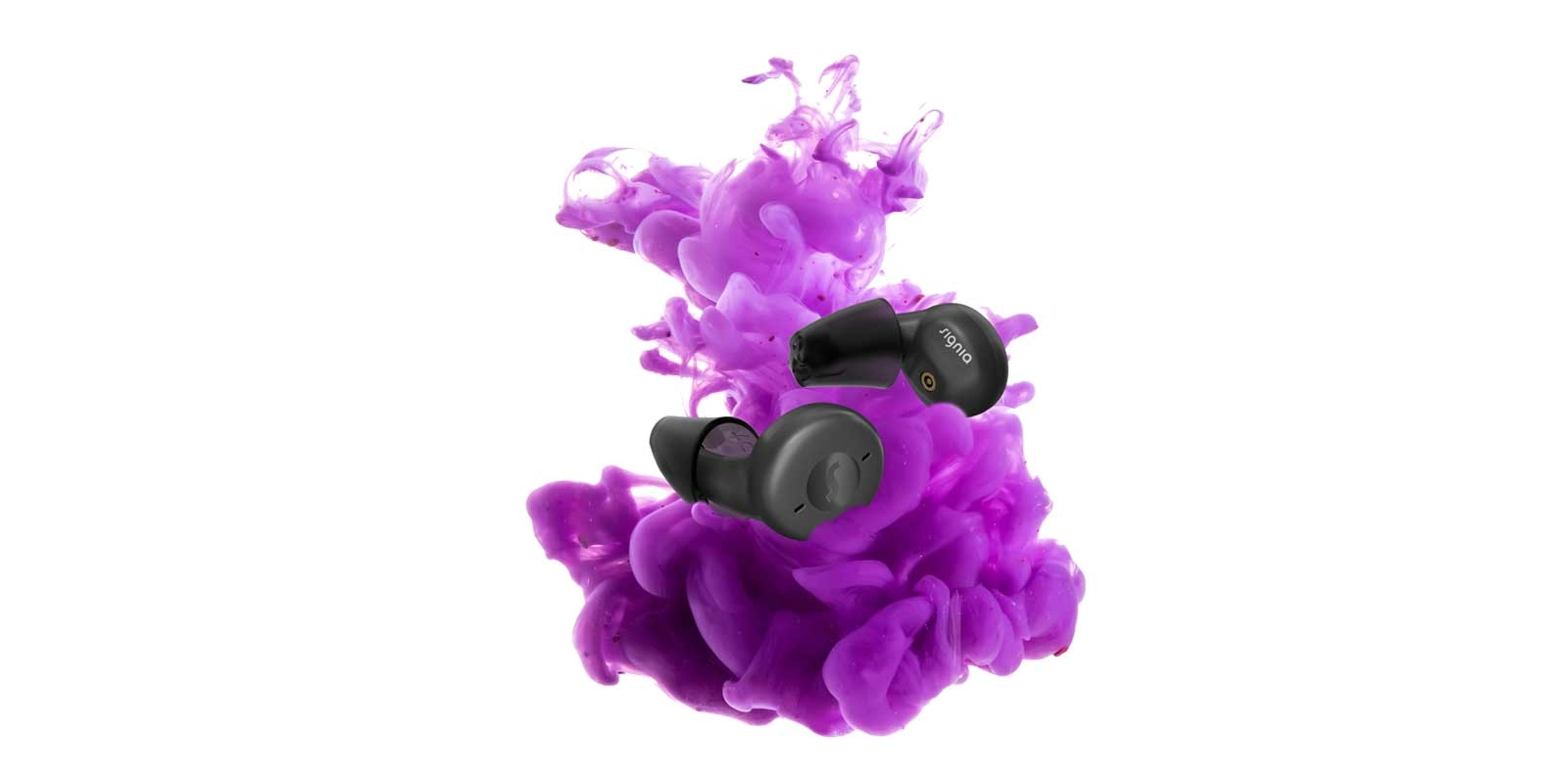 Schwarze True-Wireless In-Ear-Kopfhörer vor violetter Farbwolke
